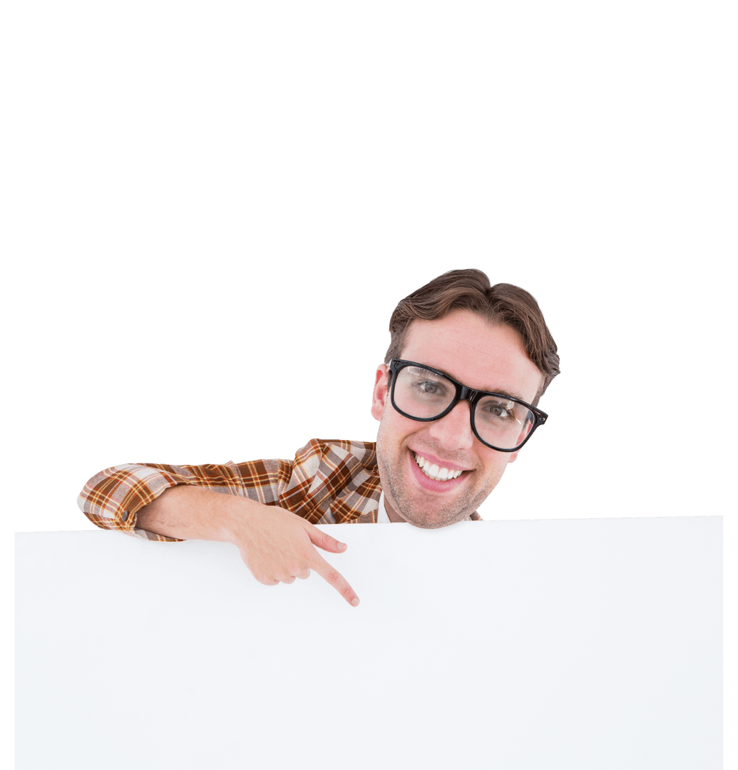 Smiling Caucasian Man Pointing to Blank Sign with Glasses on Transparent Background