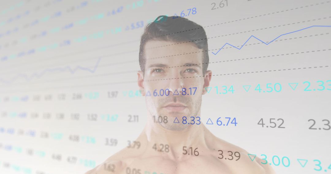 Shirtless male model overlaying financial charts and data visualization for market trends