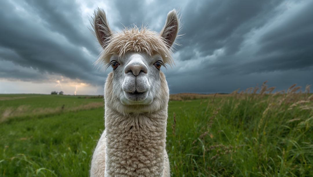 Curious Llama in Stormy Pasture with Dramatic Skies