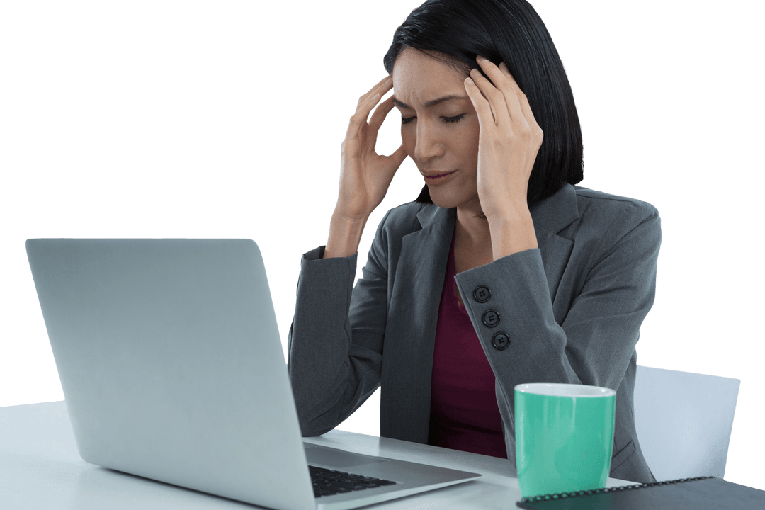 Transparent Image of Woman with Headache at Workplace Desk
