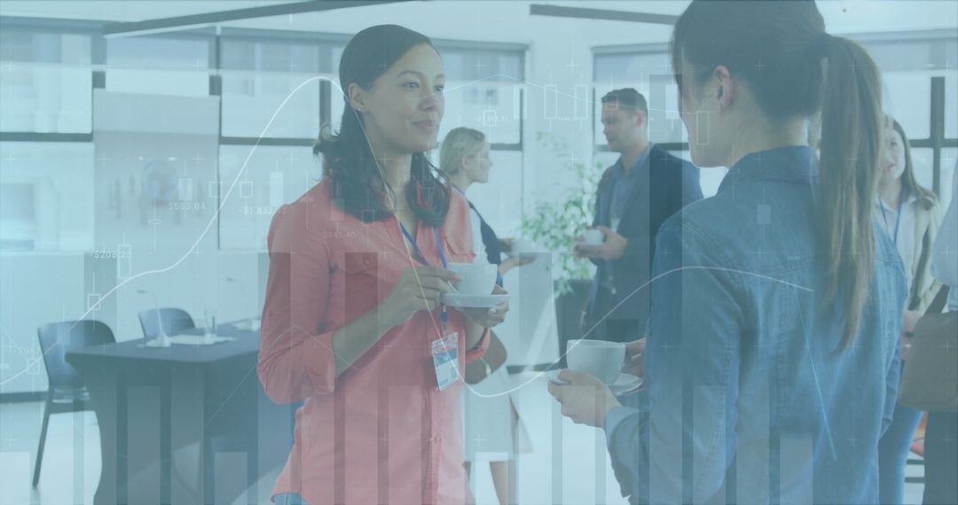 Diverse Team Networking Office Environment with Data Overlay