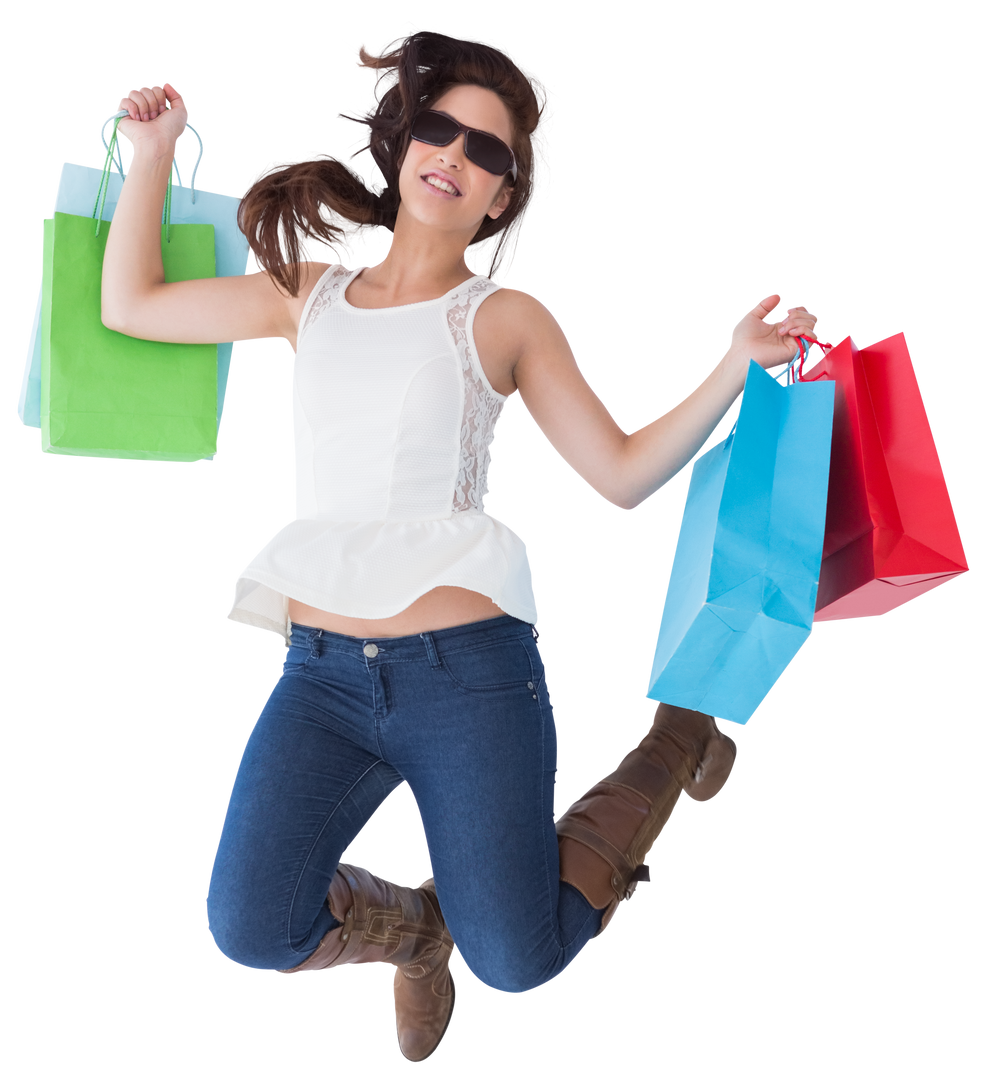 Transparent background of woman jumping with shopping bags - Download Free Stock Images Pikwizard.com