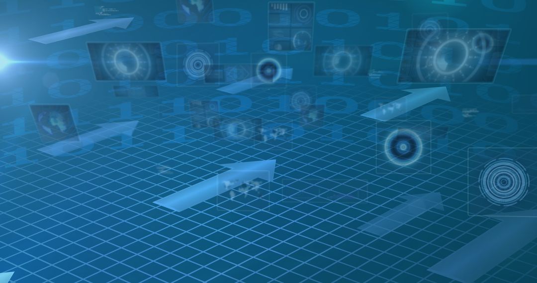 Futuristic Data Screens and Arrows Over Digital Grid