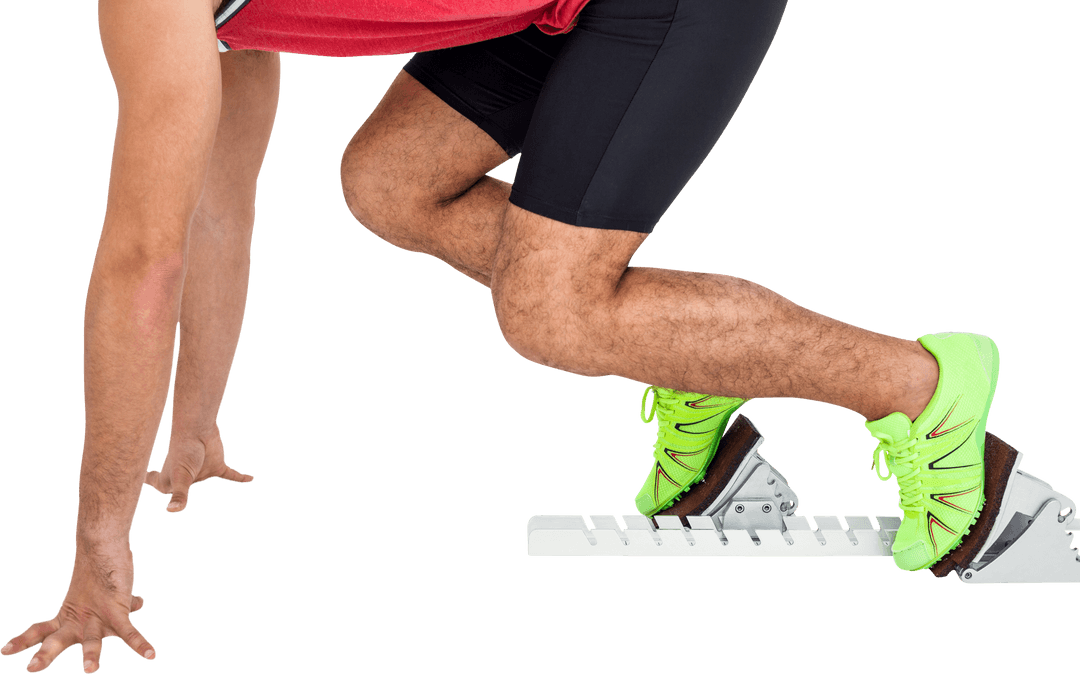 Male Athlete in Starting Block with Neon Shoes on Transparent Background