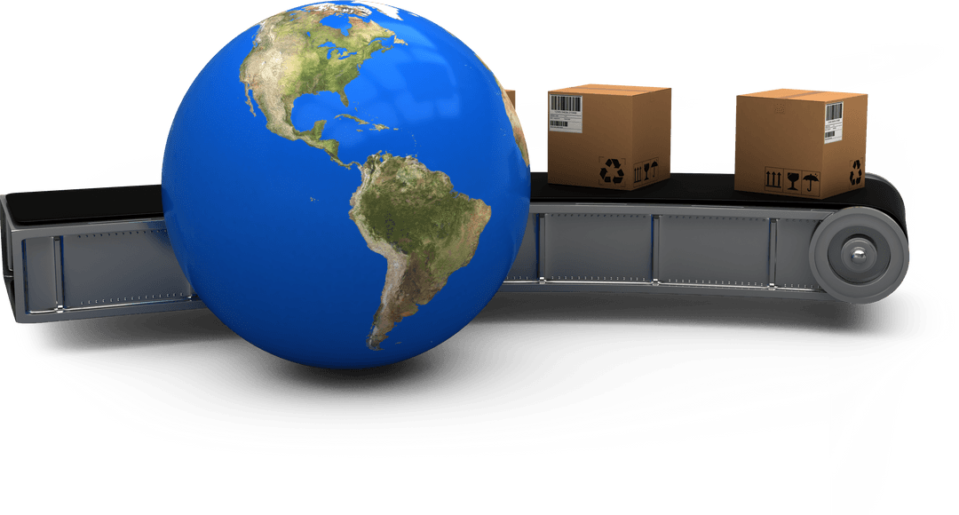 Transparent Globe with Cardboard Boxes on Conveyor, Global Shipping Concept