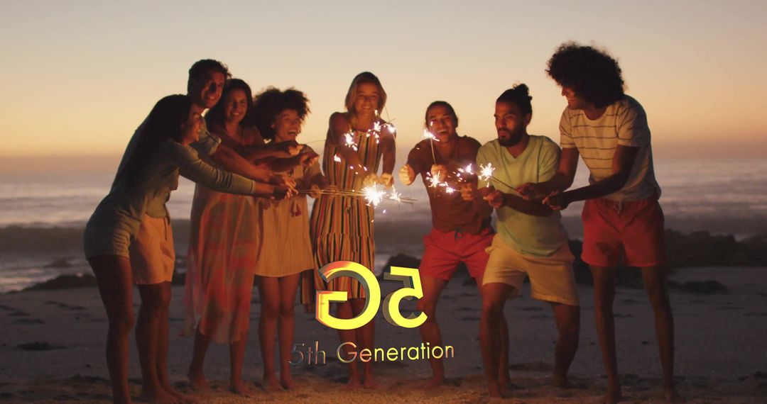 Joyful Group of Friends Celebrating with Sparklers at Sunset Beach