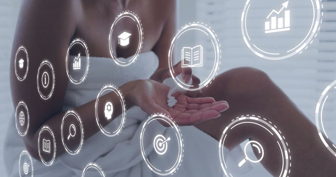 Woman Using Skincare Products with Floating Digital Icons