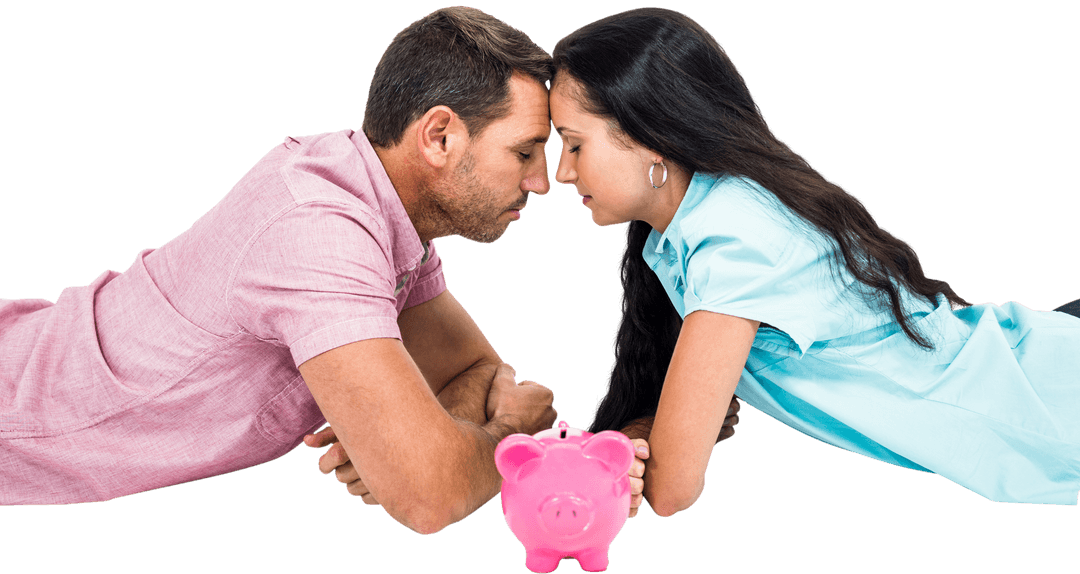 Couple Saving Money with Piggy Bank on Transparent Background