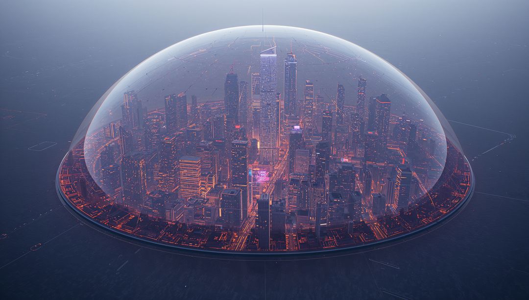 Encapsulating Futuristic Skyline Under Glass Dome on Circular Platform with Neon Grid Glow
