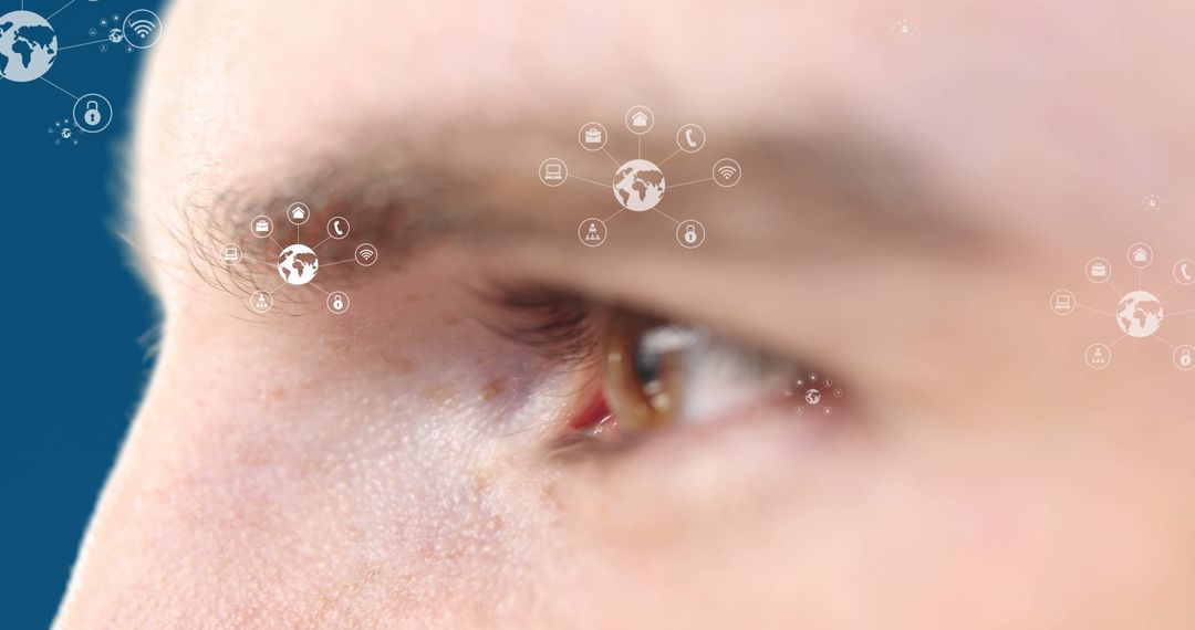 Close-Up of Human Eye with Digital Network Icons in Technology Interface Concept