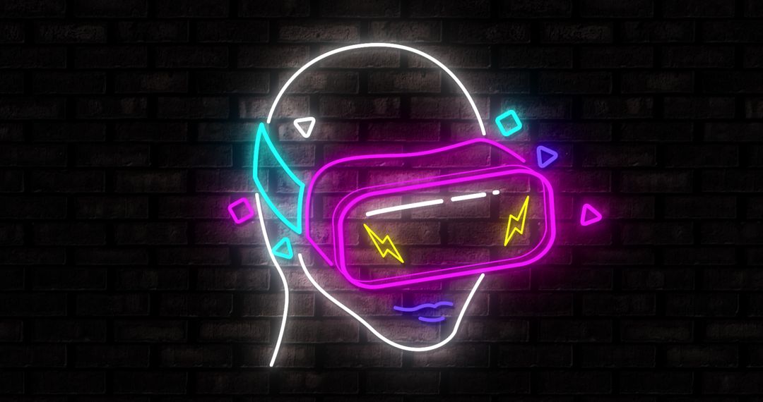 Neon Head with VR Mask on Black Brick Wall