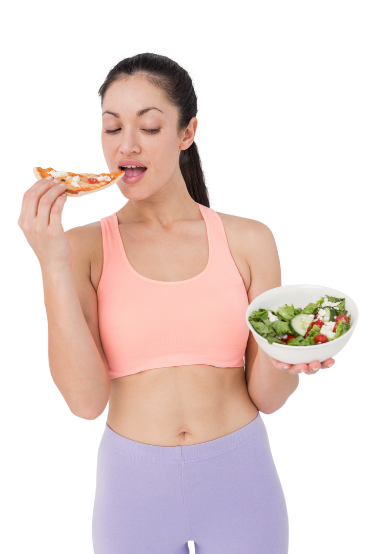 Woman Enjoying Pizza and Holding Salad in Transparent Background - Download Free Stock Images Pikwizard.com