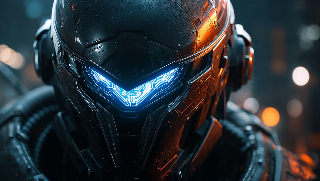 Futuristic Helmet with Glowing Circuitry Inside Tech Chamber