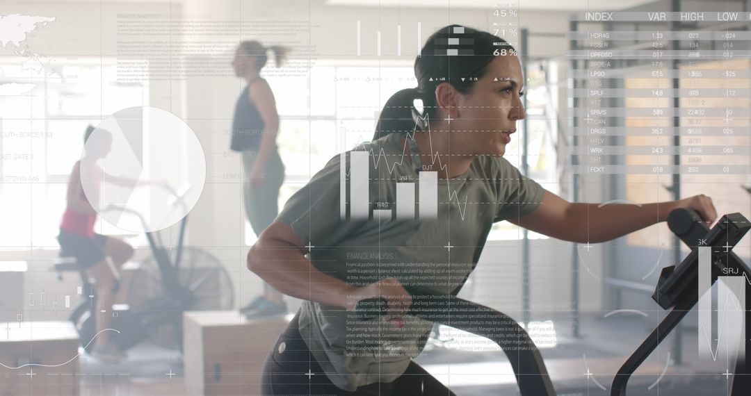 Woman Engaged in Elliptical Cross Training with Data Overlay