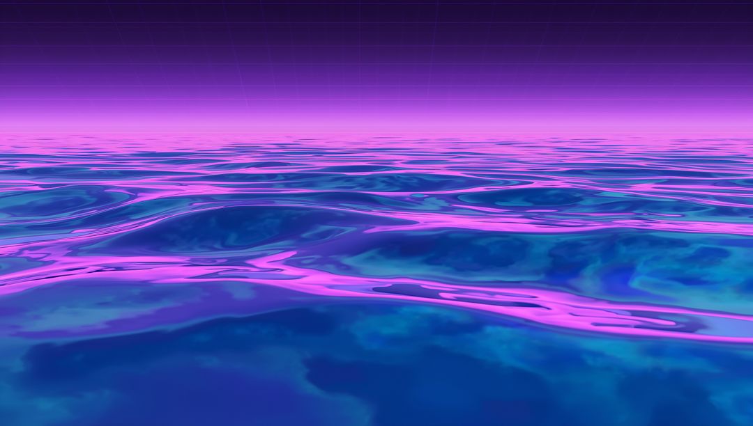 Neon Vaporwave Ocean Reflecting Magenta Highlights on Glossy Cyan Water with Grid Horizon