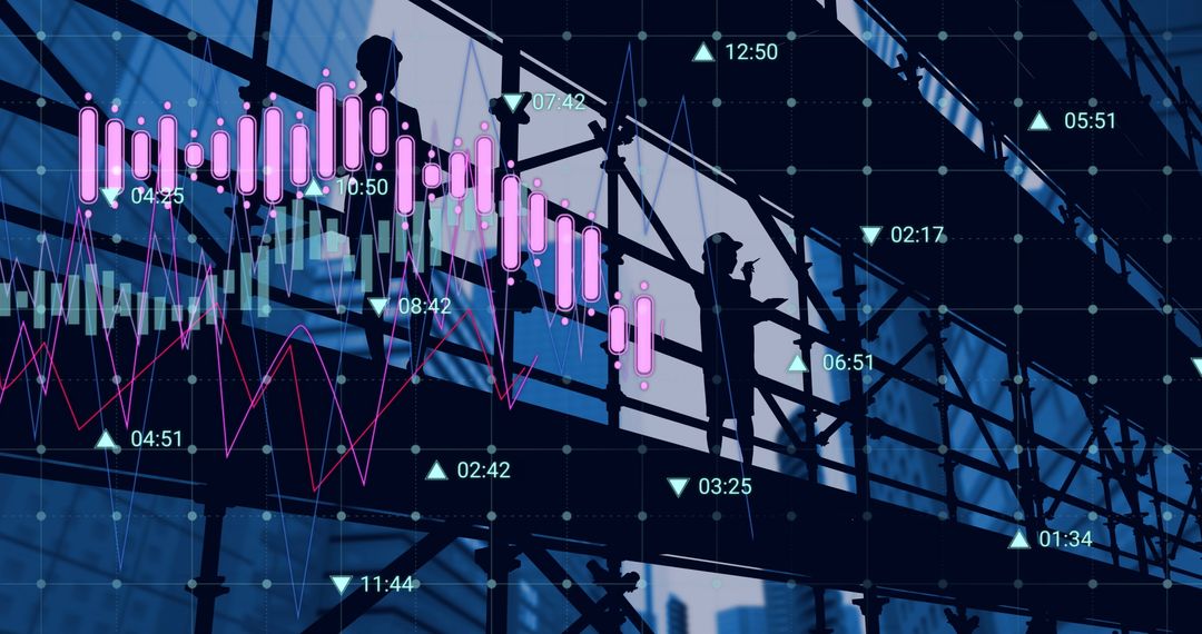 Female Architect on Scaffolding with Financial Data Overlay