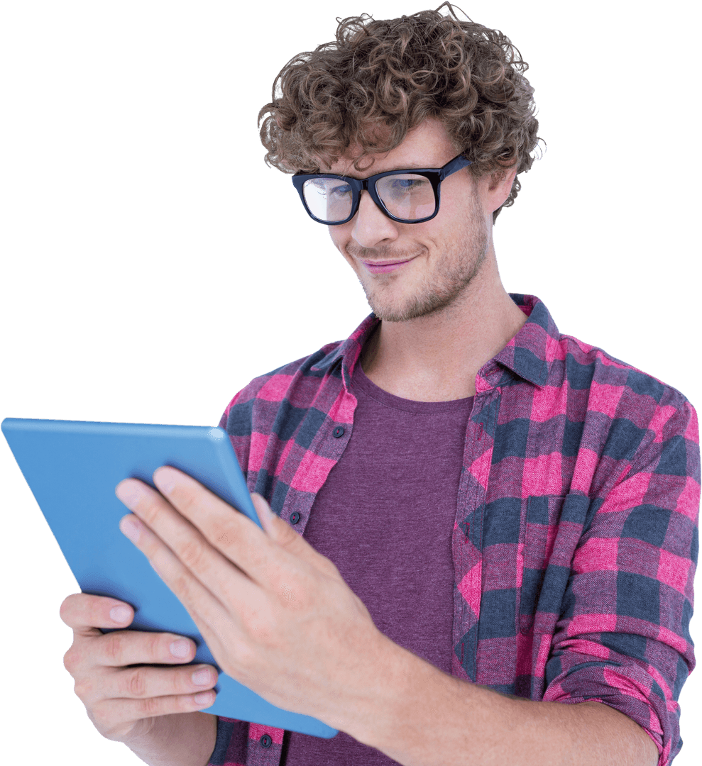 Smiling Man with Glasses Using Tablet Transparent Background