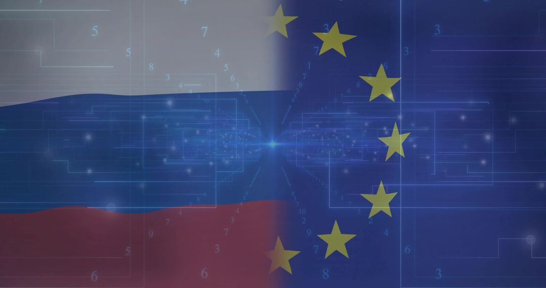 Russia EU Flags with Futuristic Digital Network and Data Overlay