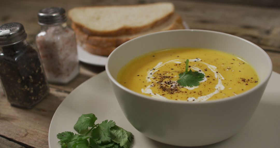 Warm Carrot Soup with Crusty Bread on Rustic Table