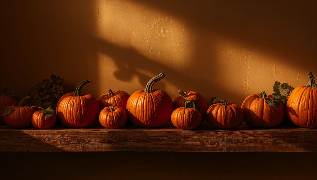 Sunlit Row of Pumpkins on Rustic Wooden Shelf Casting Warm Autumn Shadows