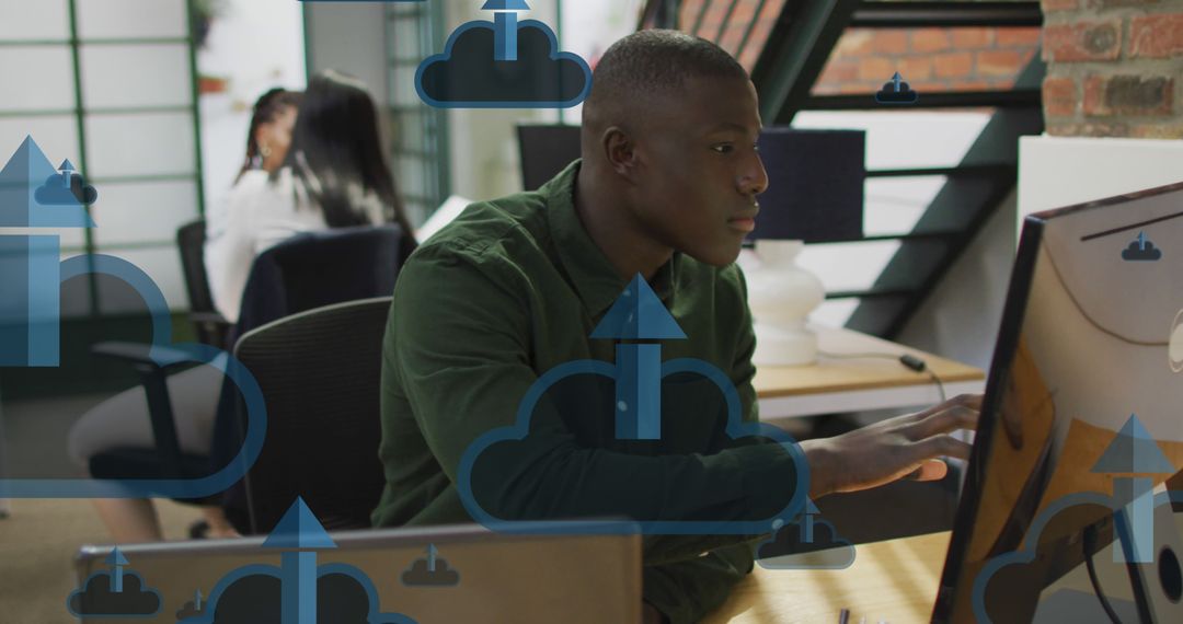 Business Professional Analyzing Cloud Data Solutions in Modern Office