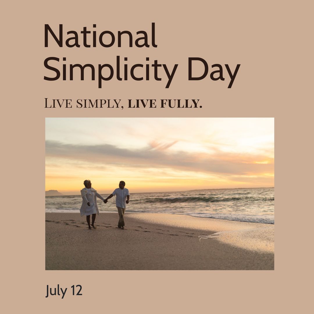 Senior Couple Walking on Tranquil Sunset Beach for National Simplicity Day