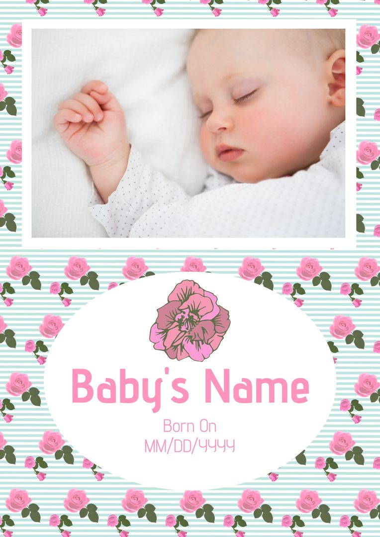 Baby Announcement Template with Sleeping Infant and Floral Design