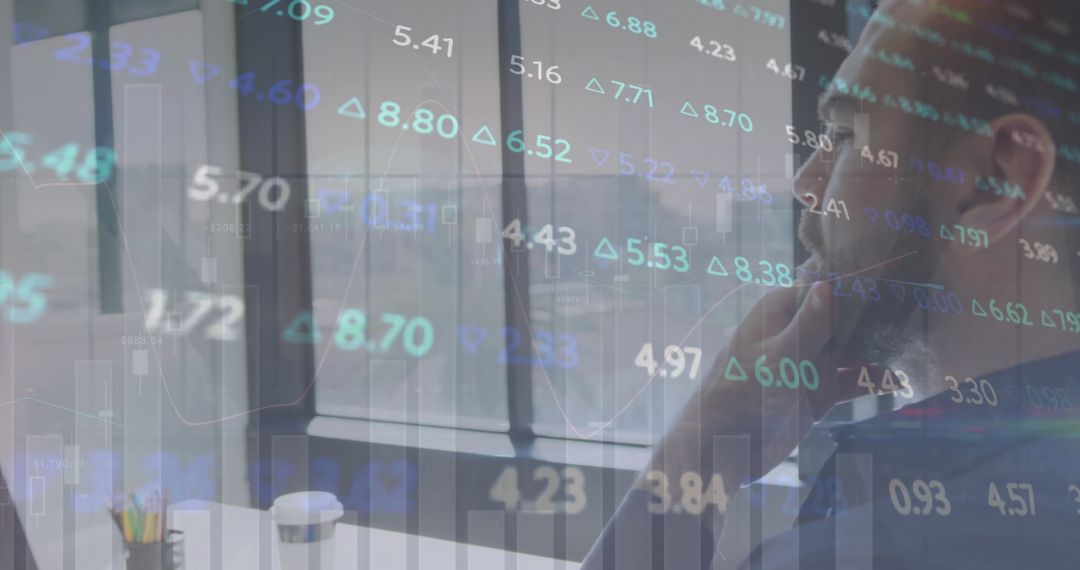 Businessman Analyzing Stock Market Figures on Transparent Interface
