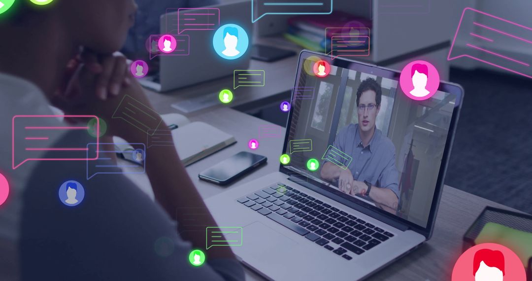 Woman Engaging in Virtual Meeting with Social Media Interface