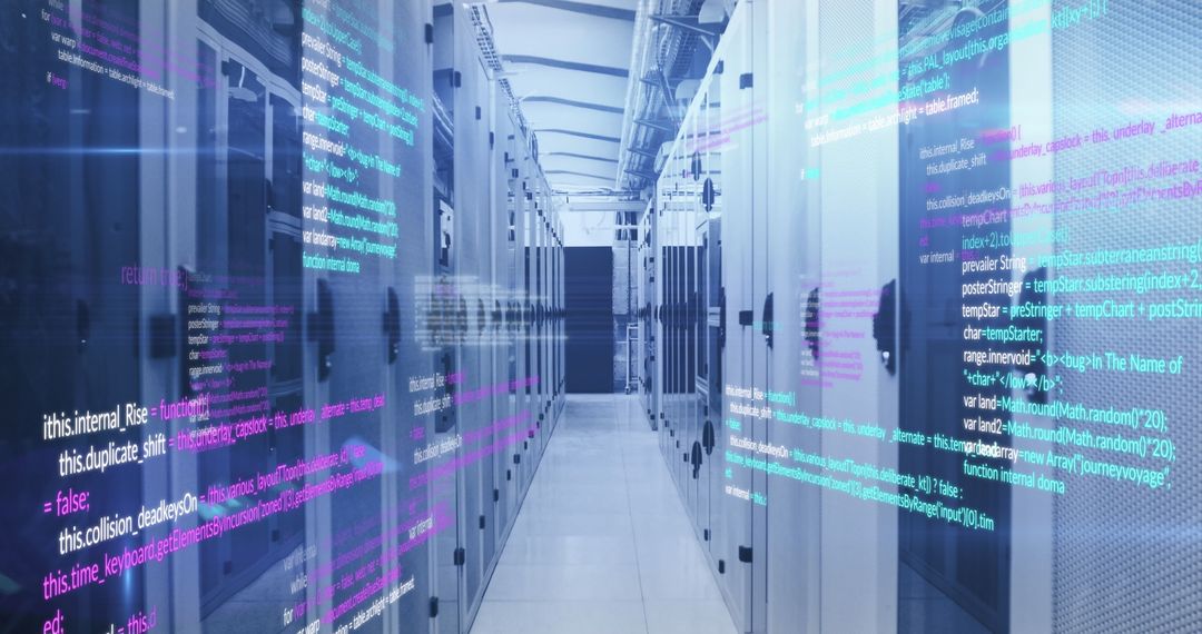 Digital Coding Visuals Over Modern Data Center Servers