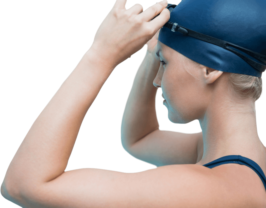 Side View Female Swimmer Adjusting Swim Cap on Transparent Background