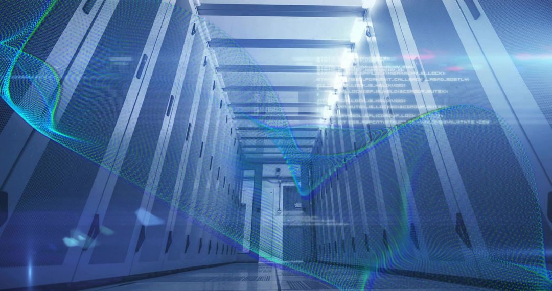 Futuristic Blue Data Center Aisle with Server Racks and Holographic Waveform