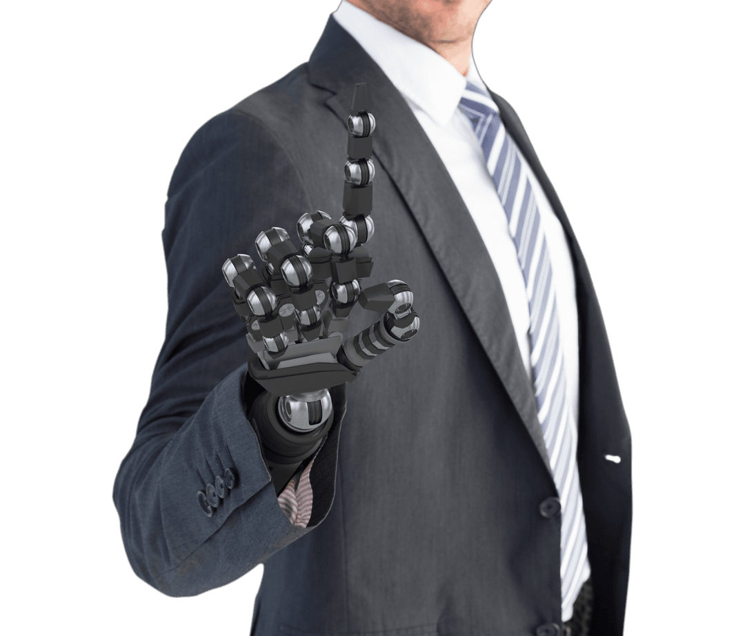 Businessman with Transparent Robotic Hand in Suit Interacting