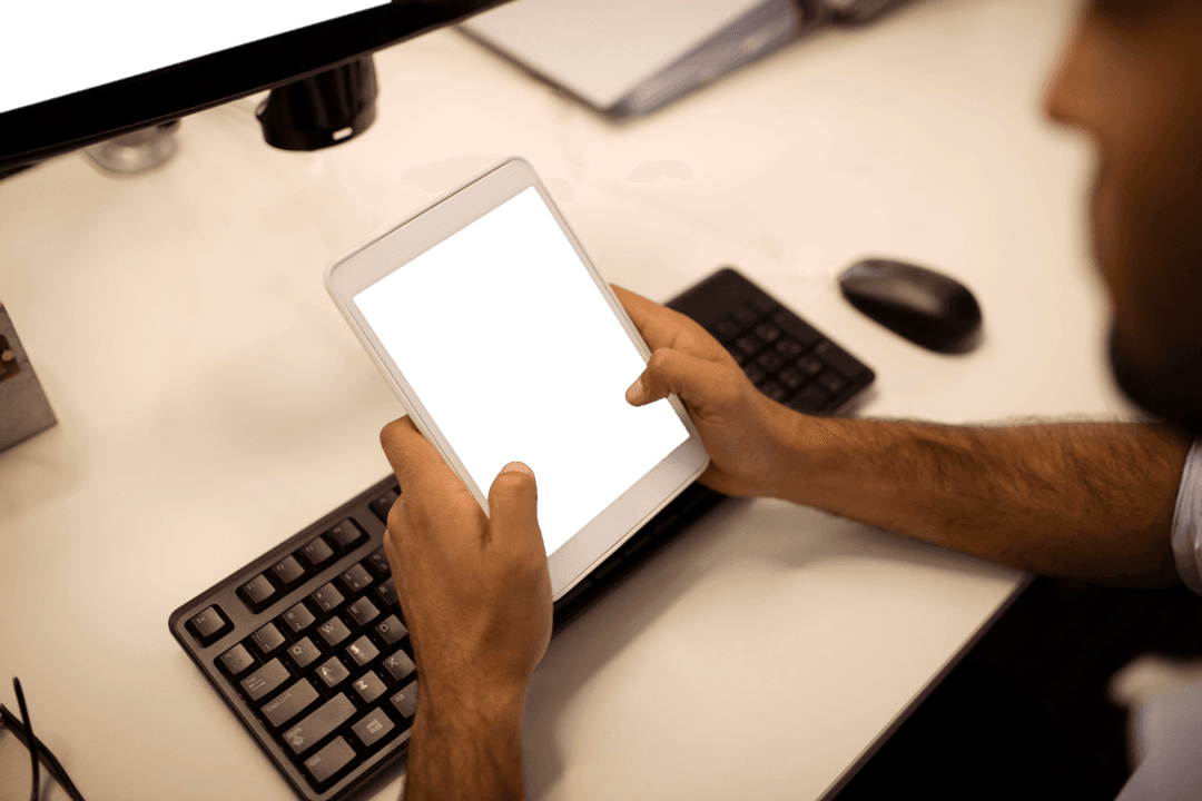 Transparent Tablet in Hands of Professional Man at Desk