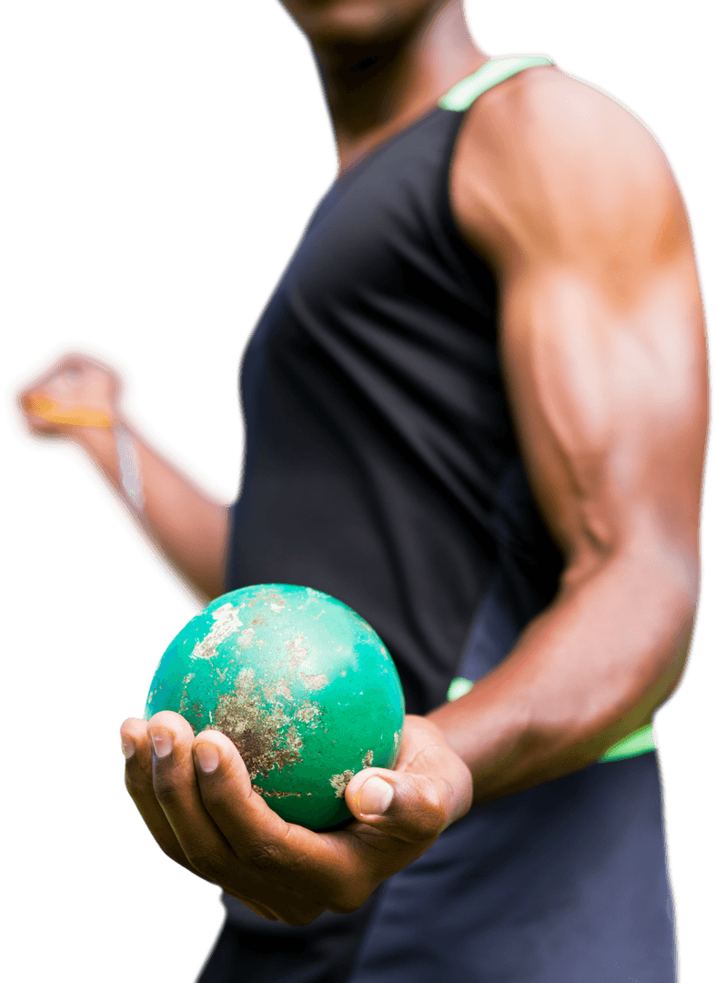 Strong Athlete Holding Shot Put Ball on Transparent Backdrop