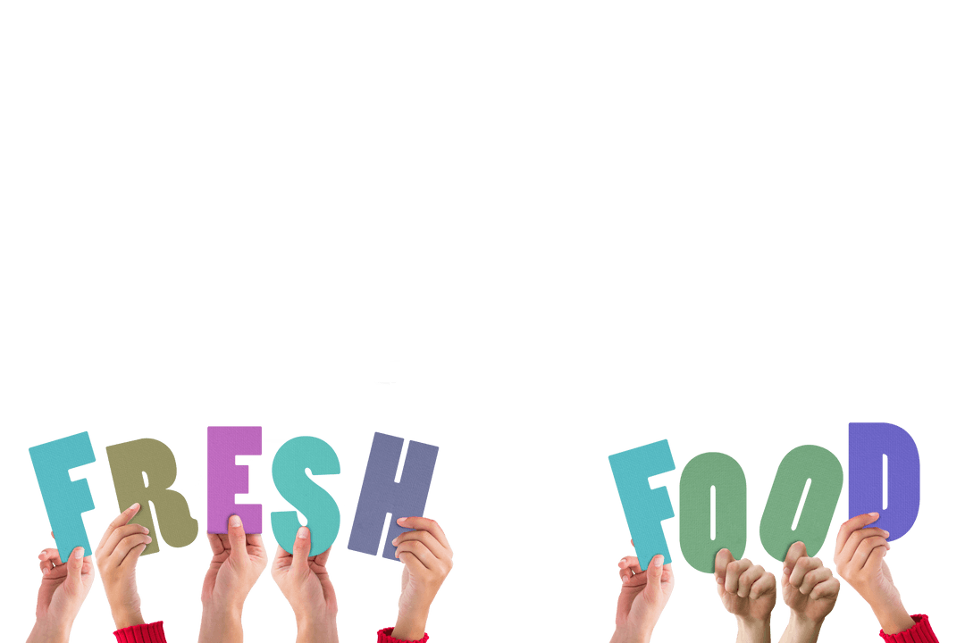 Hands Holding Colorful Letters for Fresh Food Sign Transparent Background