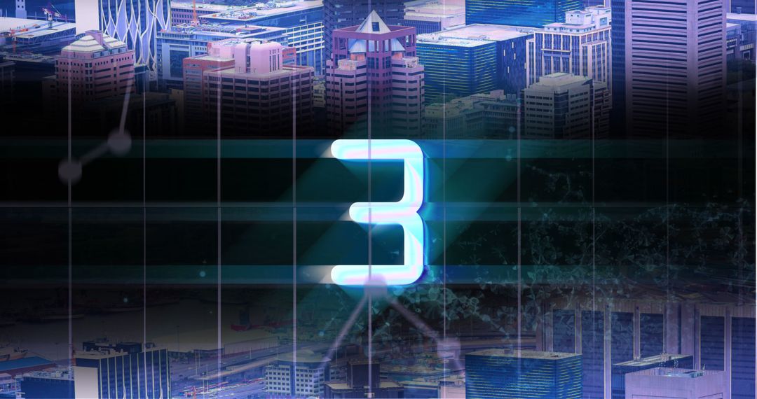 Futuristic Countdown Number Three Over Modern Cityscape