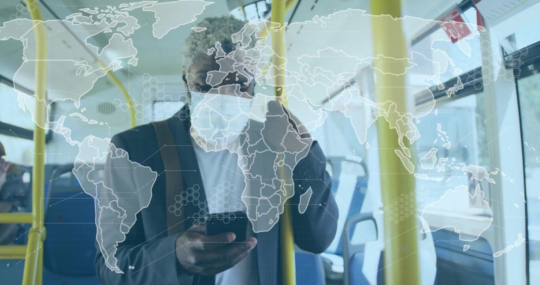 Businessman's Global Networking on Morning Commute in City Bus