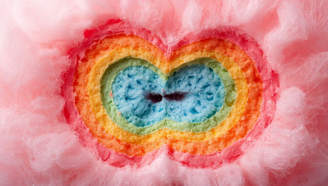 Revealing rainbow core inside pink cotton candy, macro texture of layered confection detail