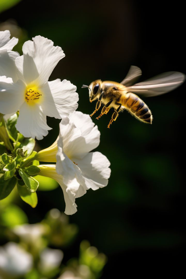 Close up of bee hovering by white flowers in sun, created using generative ai technology - Free Images, Stock Photos and Pictures on Pikwizard.com