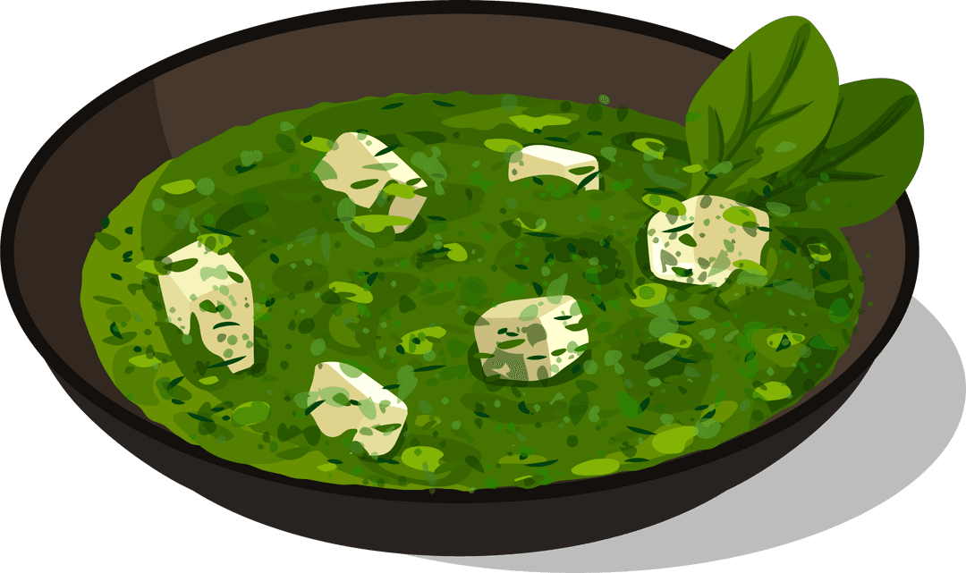 Flat Design Green Soup with Tofu Cubes on Transparent Background