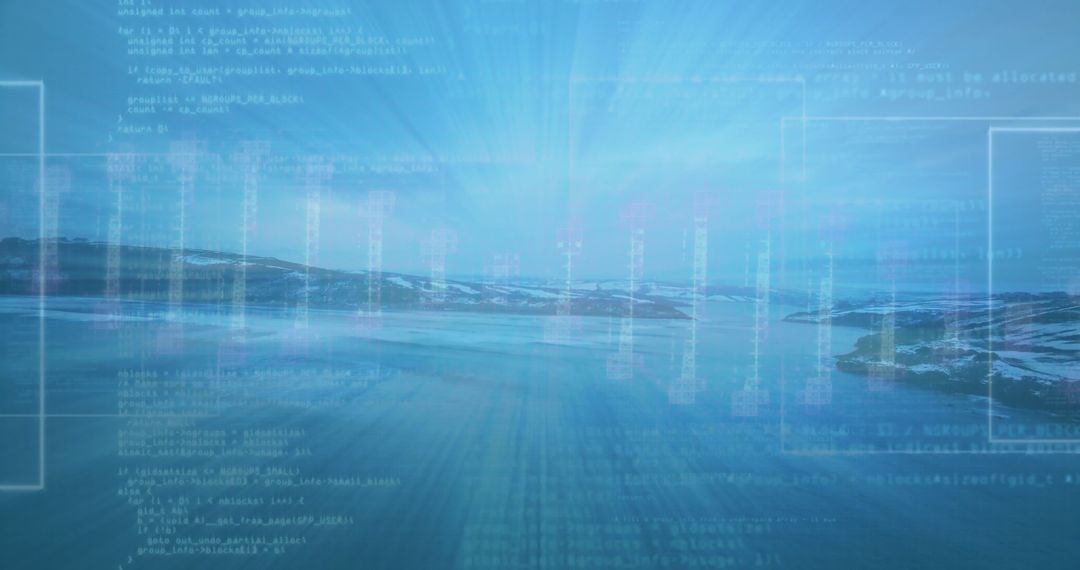 Futuristic Digital Seascape with Code Interface Overlay