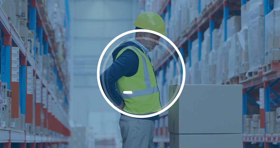 Overworked Worker Holding Back in Warehouse with Digital Overlay