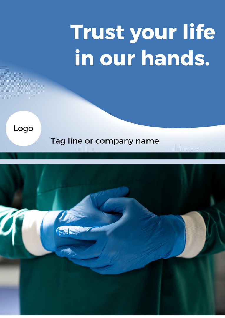 Surgeon in Blue Gloves with Trust Slogan for Medical Services Ad Template - Download Free Stock Templates Pikwizard.com