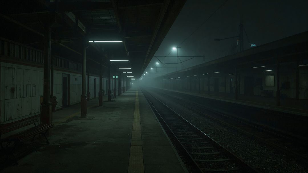 Empty Train Platform at Night in Eerie Atmospheric Light