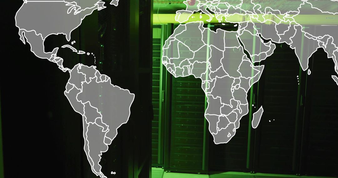 Green LED Lights Illuminating Data Center with World Map Overlay