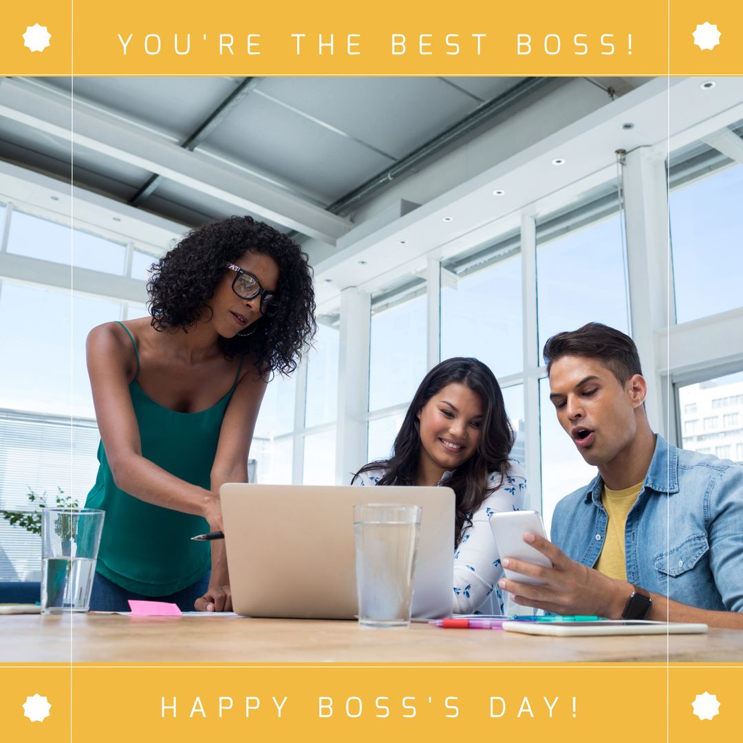 Diverse Team Celebrating Boss with Laptops and Tablets