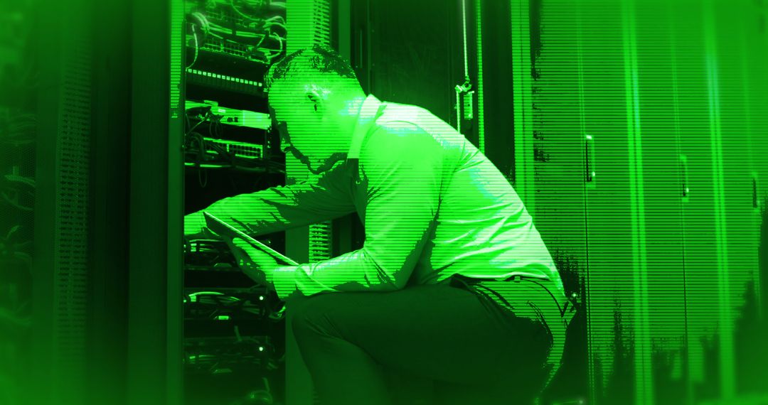 Businessman Managing Server Rack with Tech Overlay