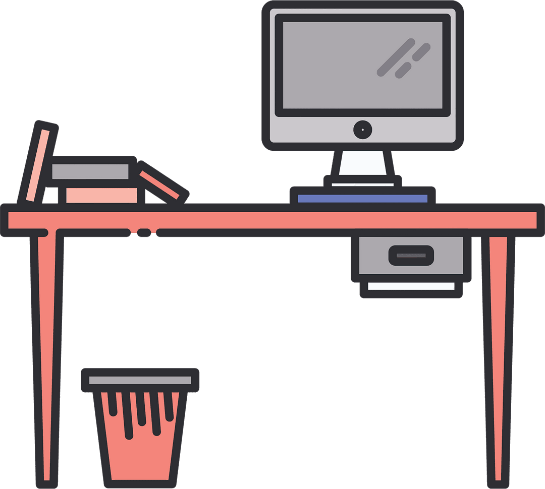 Transparent Desk Cartoon with Computer and Books Illustration