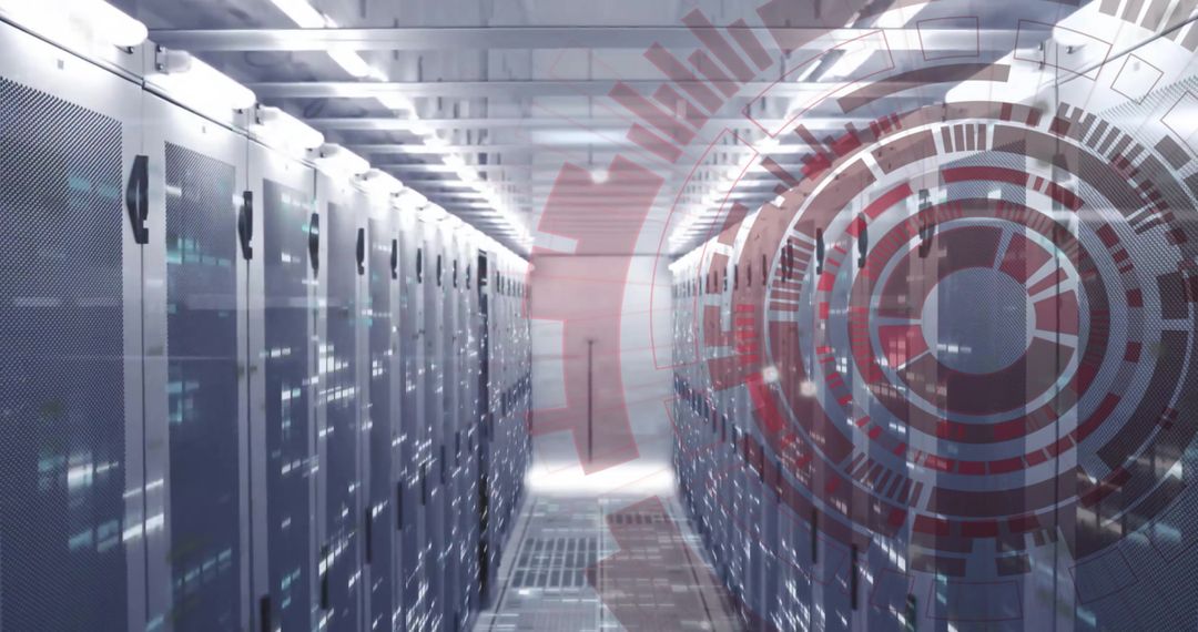 Futuristic Server Room with Digital Overlay Elements